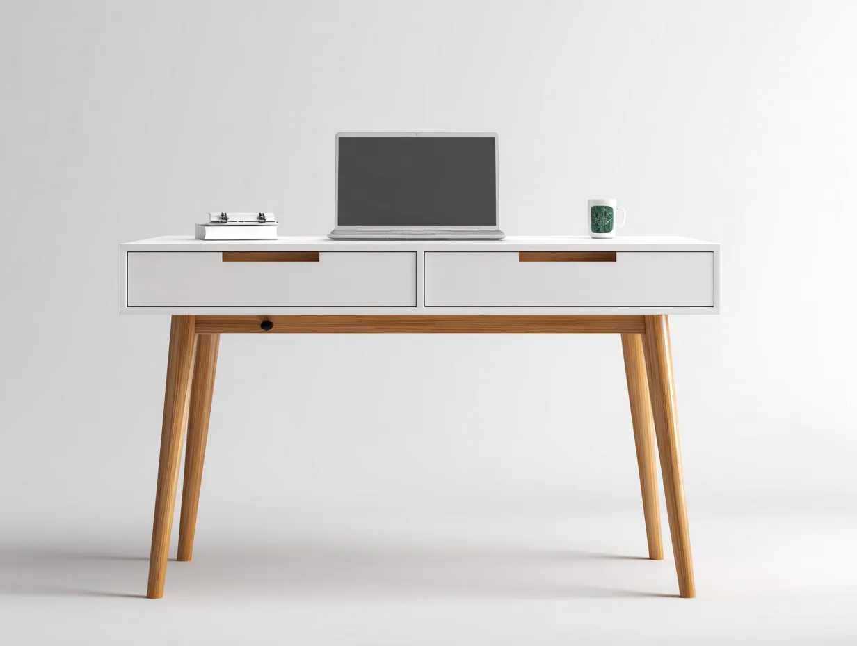 Schreibtisch-Massivholz-Holzwerkstoff-140x62x74 cm-Weiß-Natur-moderner Stil-Bambooupyard