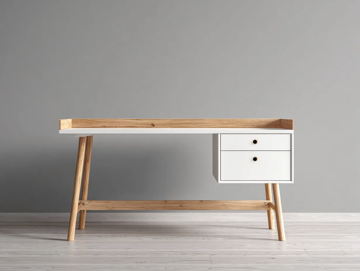 Schreibtisch-Massivholz-Holzwerkstoff-142x65x74 cm-Weiß-Natur-moderner Stil-Bambooupyard