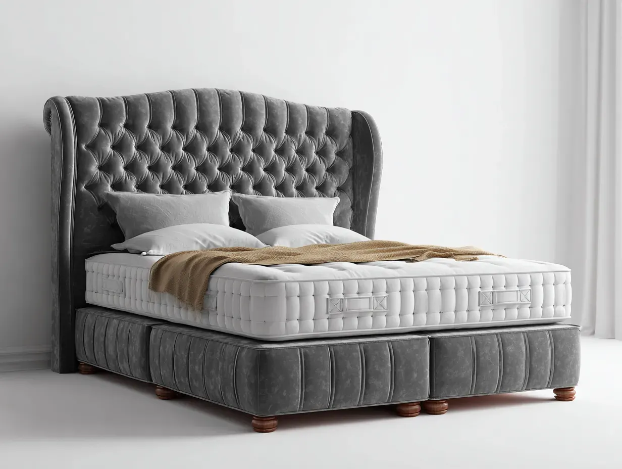 Doppelbett-Stoff-Holz-208x188x130 cm-grau-klassisch eleganter Stil-Bambooupyard