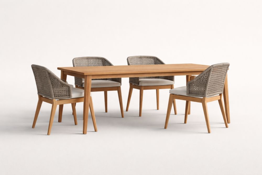 Set tavolo da pranzo in legno con 4 sedie in corda sintetica-Dwelltrader