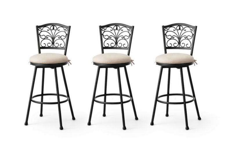 Set di tre sgabelli da bar girevoli in metallo con seduta in tessuto-Dwelltrader