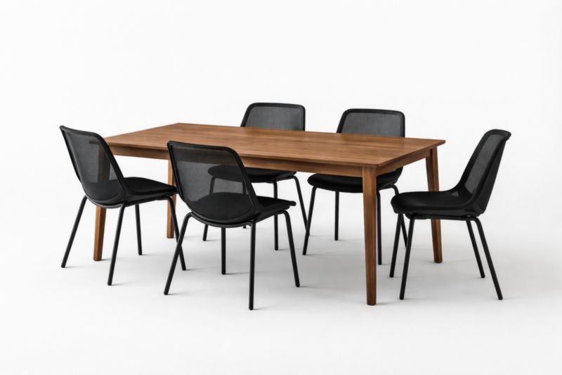 Set tavolo in legno massello con sedie in rete nera, 180x90x75 cm-Dwelltrader