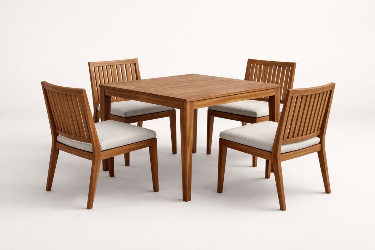 Set tavolo e sedie in legno con cuscini in tessuto-Dwelltrader