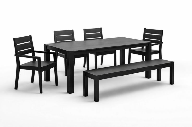 Set da pranzo in legno nero con tavolo, sedie e panca-Dwelltrader