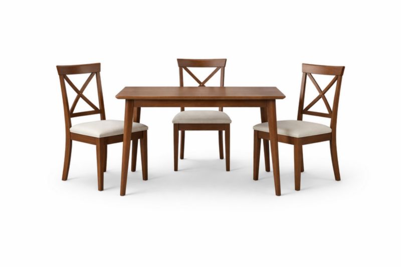 Set tavolo e sedie in legno con seduta in tessuto beige-Dwelltrader