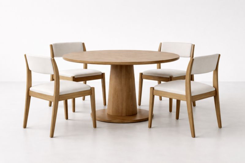 Set Tavolo Rotondo in Legno e Quattro Sedie Imbottite in Poliestere Beige-Dwelltrader