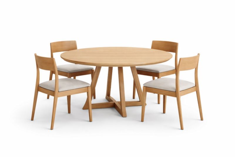 Tavolo rotondo in legno massello con 4 sedie imbottite in poliestere-Dwelltrader