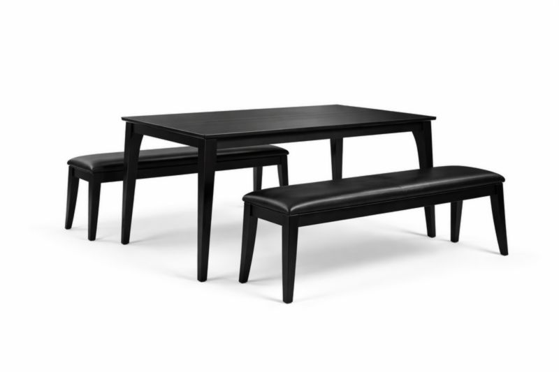 Set tavolo da pranzo rettangolare e panche in legno nero con seduta in ecopelle-Dwelltrader