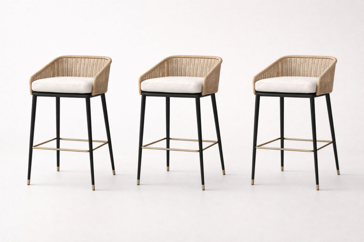 Set di 3 sgabelli da bar in metallo con intreccio e seduta in tessuto bianco-Dwelltrader