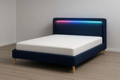 Lit double en tissu bleu avec éclairage LED multicolore