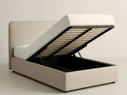 Lit coffre tissu polyester beige structure métal 140x200 cm