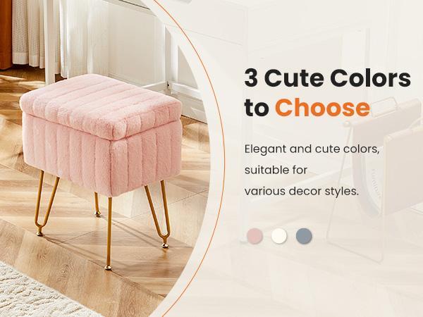 【Deal】Vanity Stool Chair with Storage, Ottoman Faux Fur Soft Padded Makeup Footstools Seat with 4 Metal Legs Anti-Slip Adjustable Feet