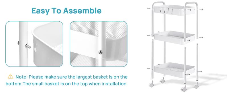 3-Tier Rolling Utility Cart with Wheels, Space-Saving Storage Organizer for Kitchen, Bathroom, Office and Dorm, Easy Assembly