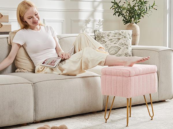 【Deal】Vanity Stool Chair with Storage, Ottoman Faux Fur Soft Padded Makeup Footstools Seat with 4 Metal Legs Anti-Slip Adjustable Feet