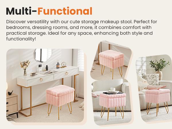 【Deal】Vanity Stool Chair with Storage, Ottoman Faux Fur Soft Padded Makeup Footstools Seat with 4 Metal Legs Anti-Slip Adjustable Feet