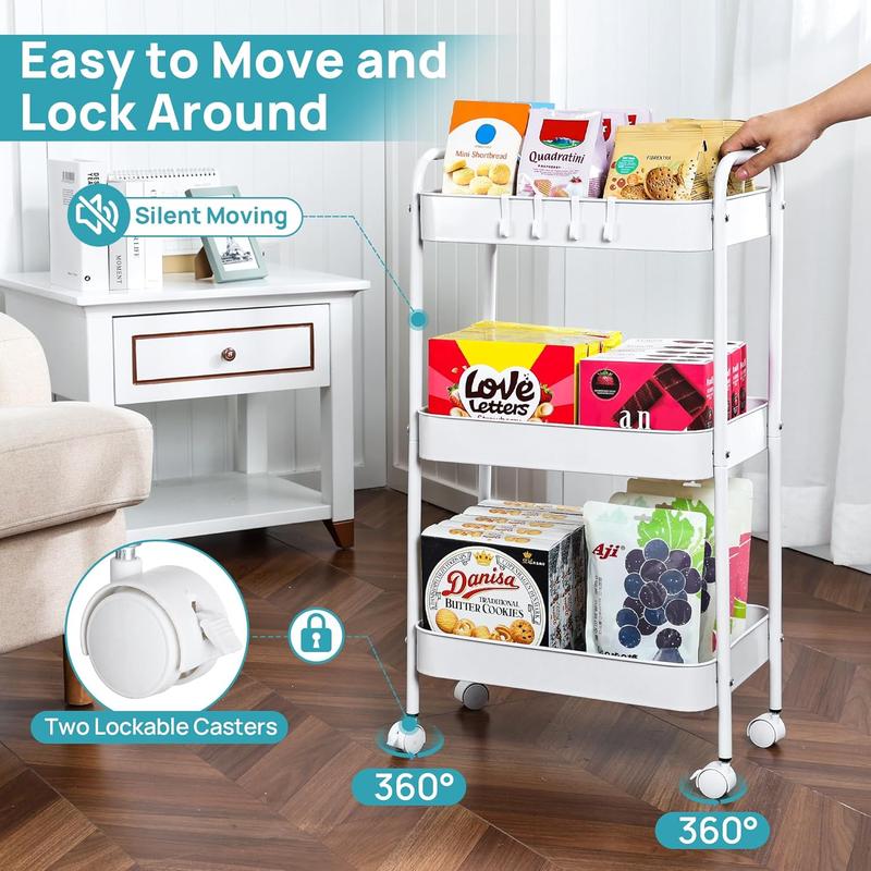 3-Tier Rolling Utility Cart with Wheels, Space-Saving Storage Organizer for Kitchen, Bathroom, Office and Dorm, Easy Assembly