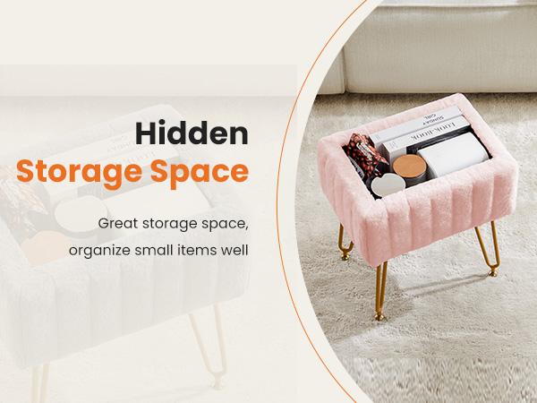 【Deal】Vanity Stool Chair with Storage, Ottoman Faux Fur Soft Padded Makeup Footstools Seat with 4 Metal Legs Anti-Slip Adjustable Feet