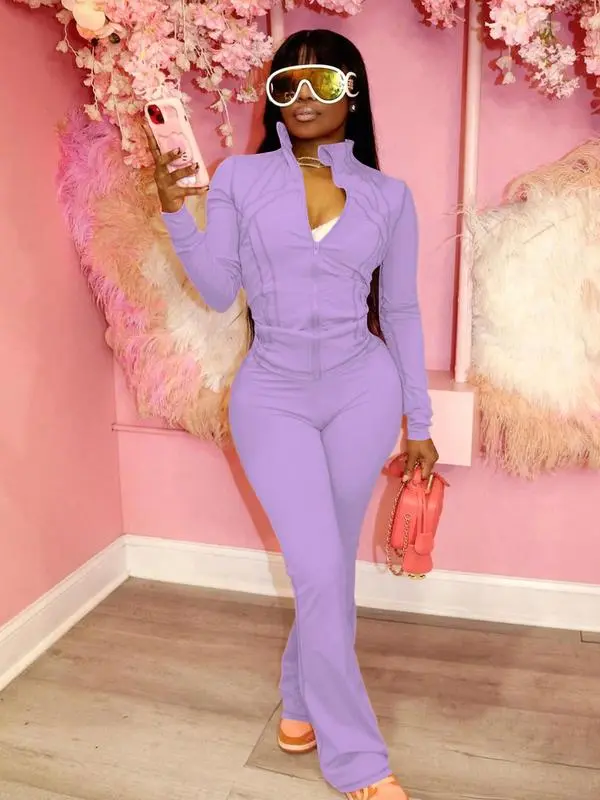 Women's Casual Sporty Two-Piece Set, Long Sleeve Zipper Design, Regular Fit, Fall & Winter, Fashionable Women's Clothing