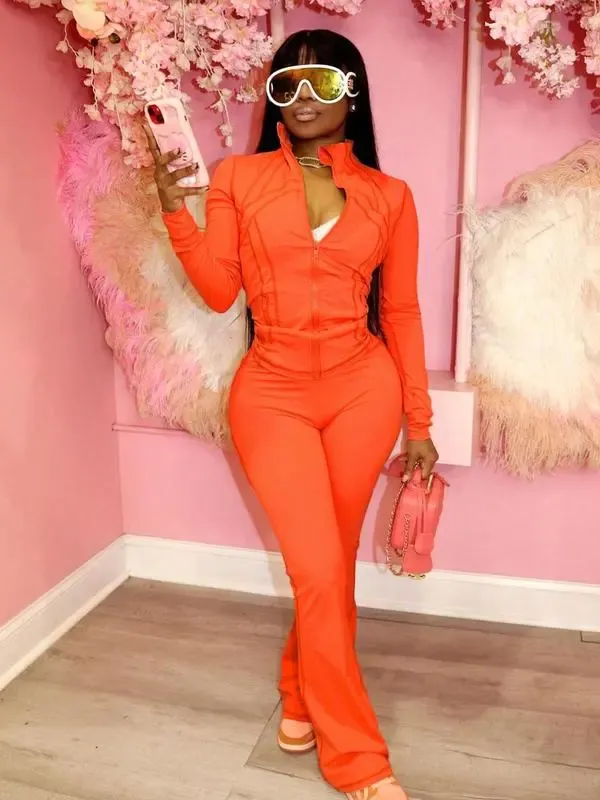 Women's Casual Sporty Two-Piece Set, Long Sleeve Zipper Design, Regular Fit, Fall & Winter, Fashionable Women's Clothing