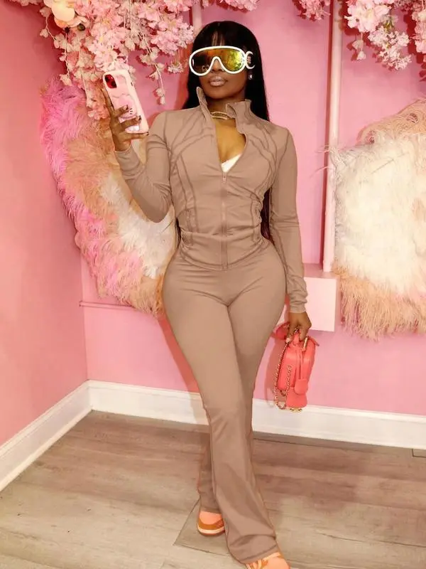 Women's Casual Sporty Two-Piece Set, Long Sleeve Zipper Design, Regular Fit, Fall & Winter, Fashionable Women's Clothing