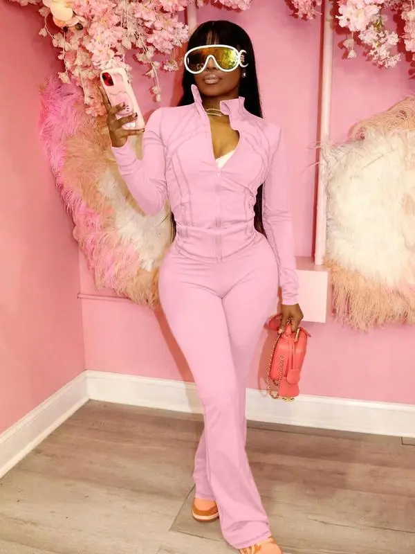 Women's Casual Sporty Two-Piece Set, Long Sleeve Zipper Design, Regular Fit, Fall & Winter, Fashionable Women's Clothing