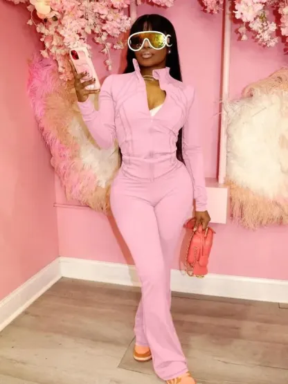 Women's Casual Sporty Two-Piece Set, Long Sleeve Zipper Design, Regular Fit, Fall & Winter, Fashionable Women's Clothing