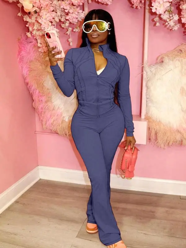 Women's Casual Sporty Two-Piece Set, Long Sleeve Zipper Design, Regular Fit, Fall & Winter, Fashionable Women's Clothing