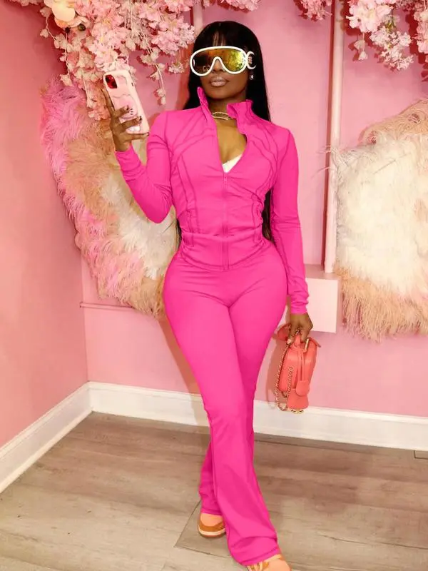 Women's Casual Sporty Two-Piece Set, Long Sleeve Zipper Design, Regular Fit, Fall & Winter, Fashionable Women's Clothing