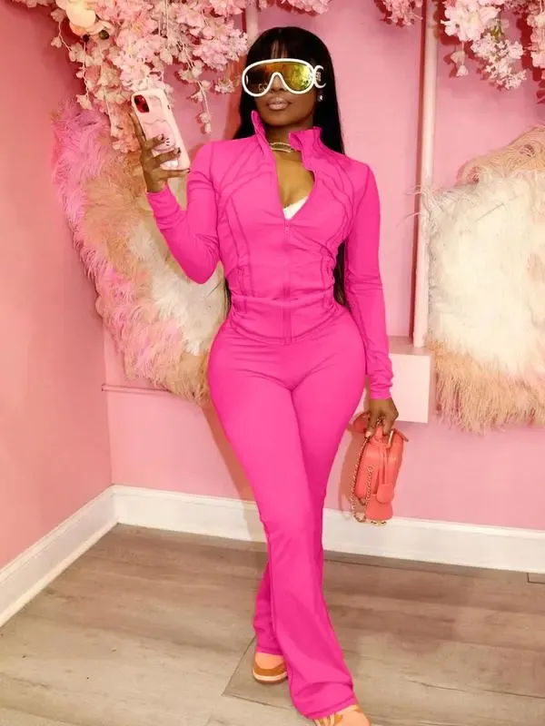 Women's Casual Sporty Two-Piece Set, Long Sleeve Zipper Design, Regular Fit, Fall & Winter, Fashionable Women's Clothing