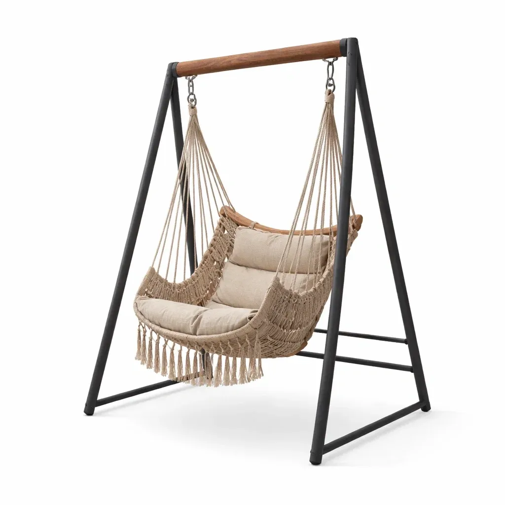 Sedia sospesa poltrona a dondolo in cotone con struttura in metallo e legno di acacia-PLUSHSOFAHOME