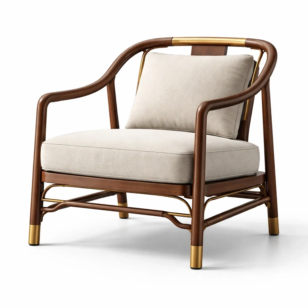 Sedia da relax in legno e tessuto beige con dettagli in metallo-PLUSHSOFAHOME