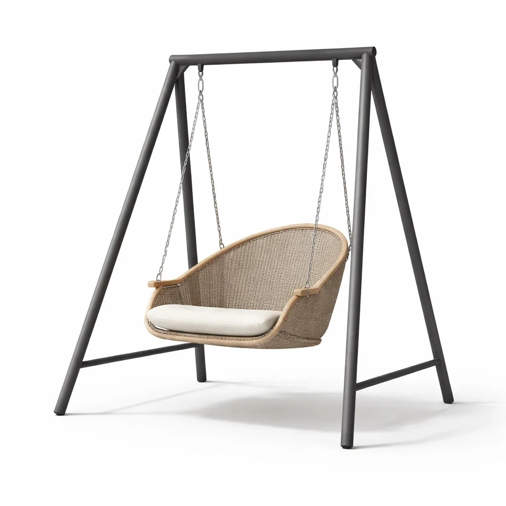 Poltrona sospesa in rattan e acciaio beige-PLUSHSOFAHOME