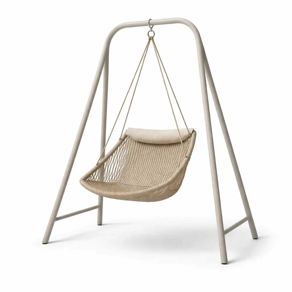 Sedia sospesa a dondolo in metallo e corda intessuta beige-PLUSHSOFAHOME