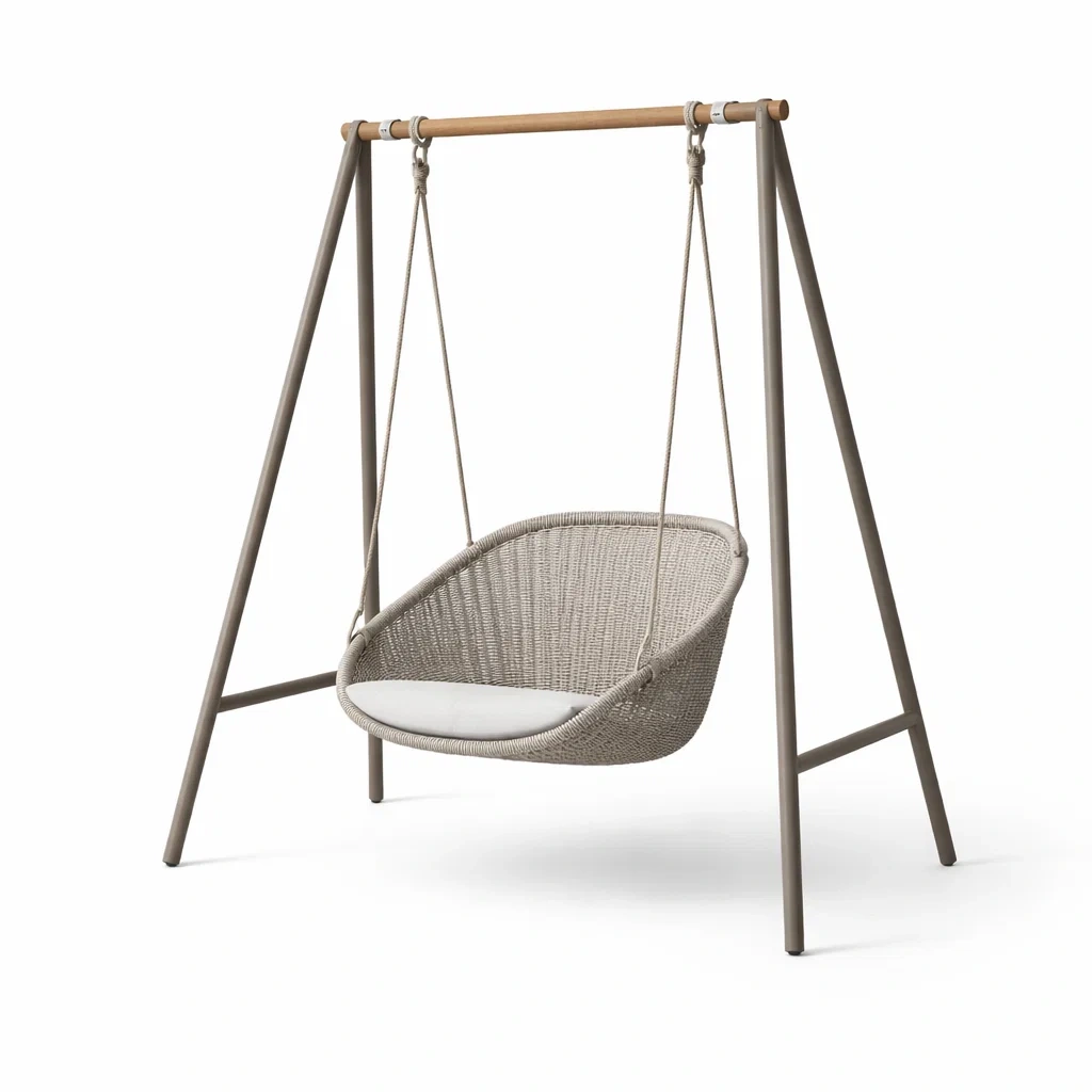 Poltrona sospesa da esterno in metallo e polyrattan grigio-PLUSHSOFAHOME