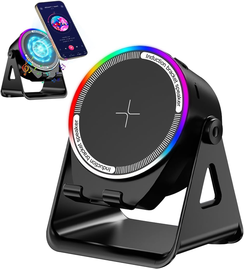 4-in-1 Wireless Induction Speaker & RGB Light Stand Multi-Functional Phone Stand Instant-Connect Stereo Sound