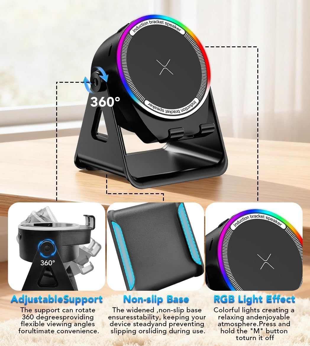 4-in-1 Wireless Induction Speaker & RGB Light Stand Multi-Functional Phone Stand Instant-Connect Stereo Sound