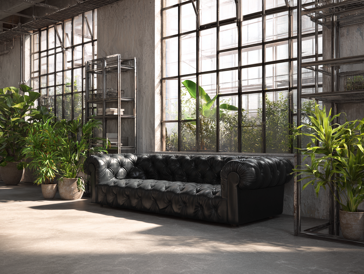 Canapé 3 places - cuir - 230x98x85 cm - Noir - style industriel classique-Cottagomart