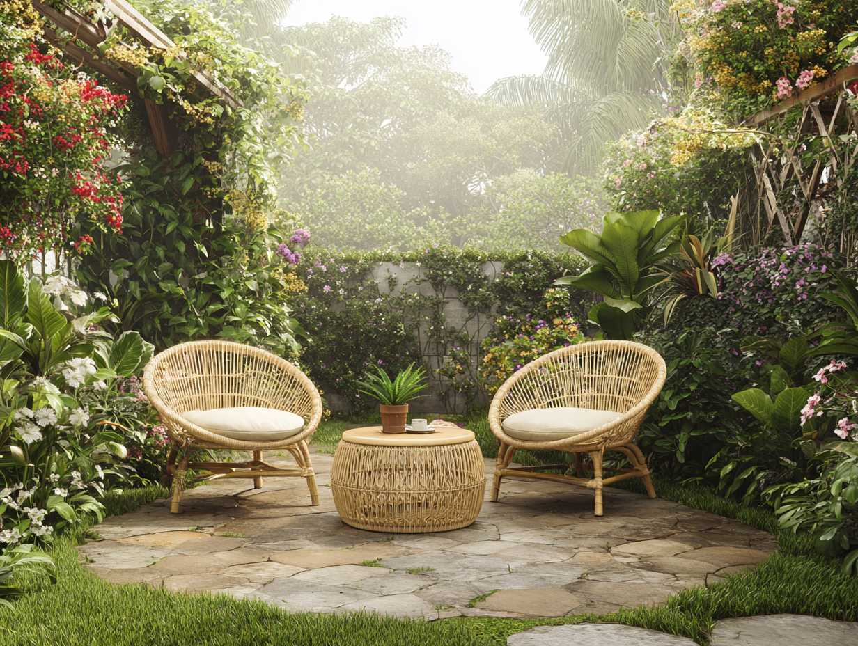 Salon de jardin-Rotan naturel-Bois-90x92x94 cm-Naturel-Style bohème-Cottagomart