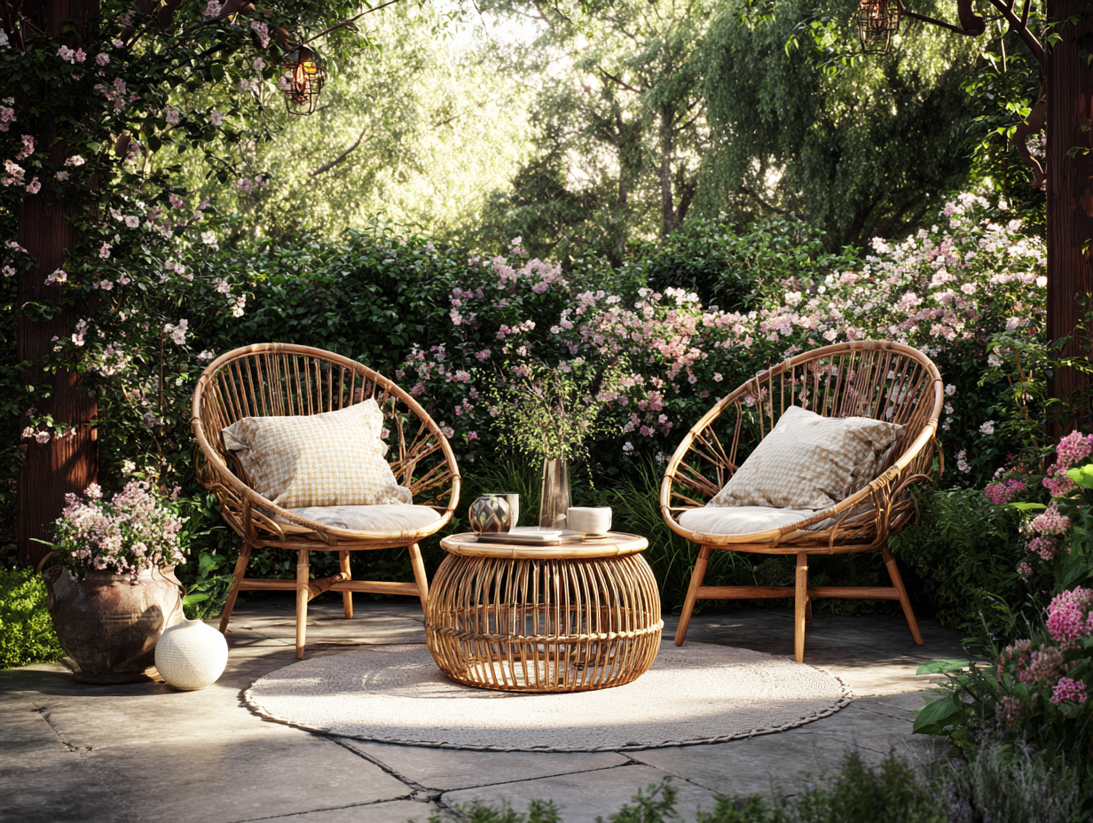 Salon de jardin-Rotan naturel-Bois-86x88x90 cm-Naturel-Style bohème-Cottagomart