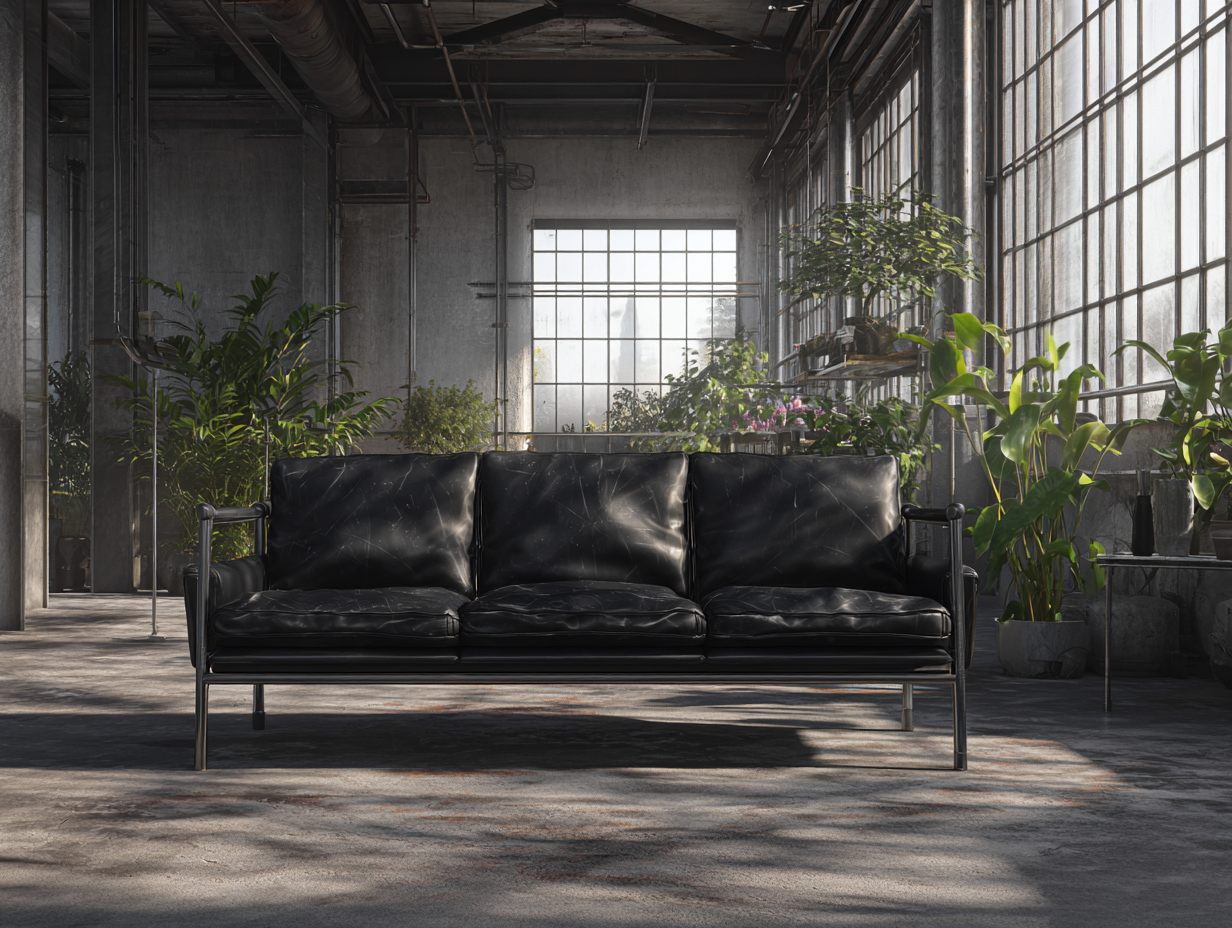 Canapé 3 places - cuir-métal - 218x94x86 cm - Noir - style industriel contemporain-Cottagomart