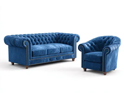 Ensemble de canapés-velours-220x95x75 cm-Bleu-Style chesterfield-Cottaio