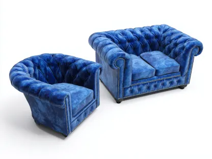 Ensemble de canapés-velours-185x92x78 cm-Bleu-Style chesterfield-Cottaio