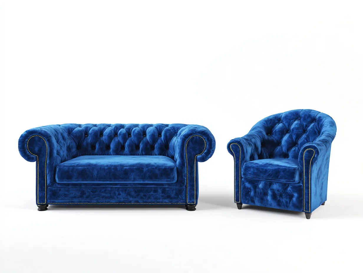 Ensemble de canapés-velours-192x96x83 cm-Bleu-Style chesterfield-Cottaio