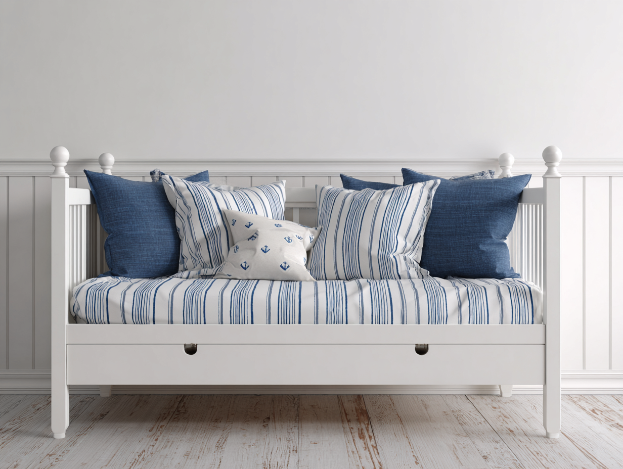 Canapé lit - bois-textile - 208x96x78 cm - blanc-bleu - style bord de mer-Cottaio