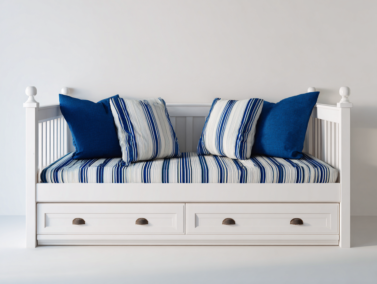 Canapé lit - bois-textile - 209x97x79 cm - blanc-bleu - style bord de mer-Cottaio
