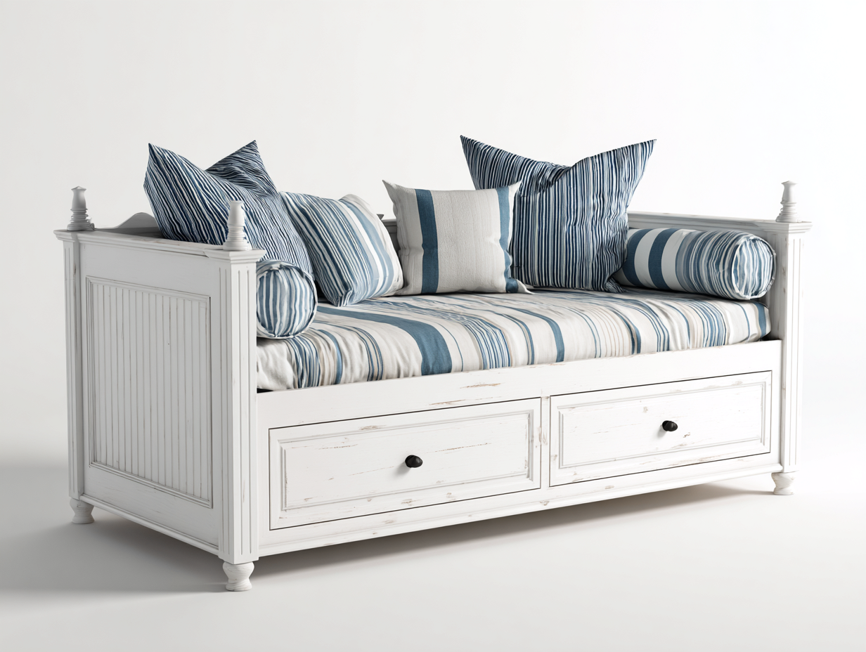 Canapé lit - bois-textile - 210x98x80 cm - blanc-bleu - style bord de mer-Cottaio