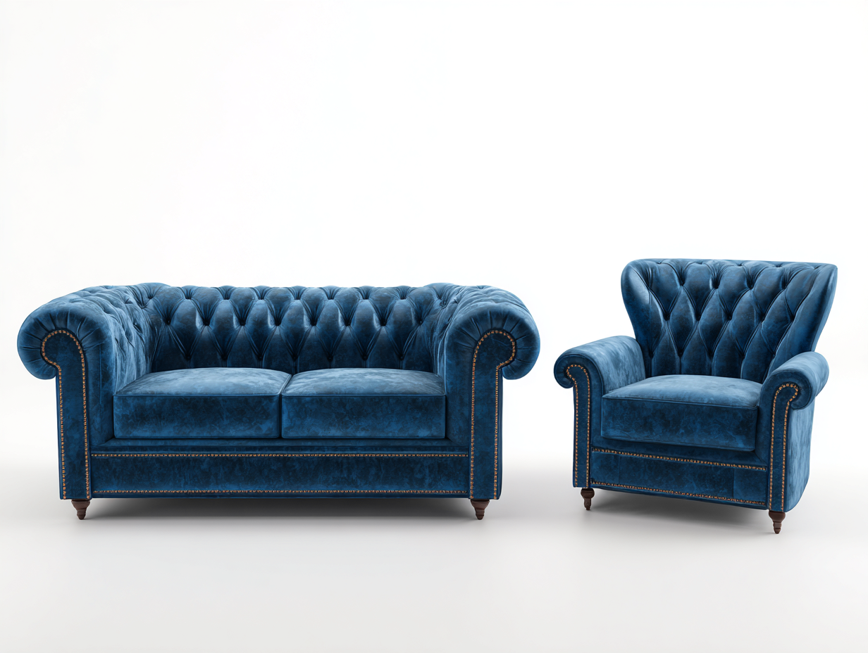 Ensemble de canapés-velours-188x94x80 cm-Bleu-Style chesterfield-Cottaio