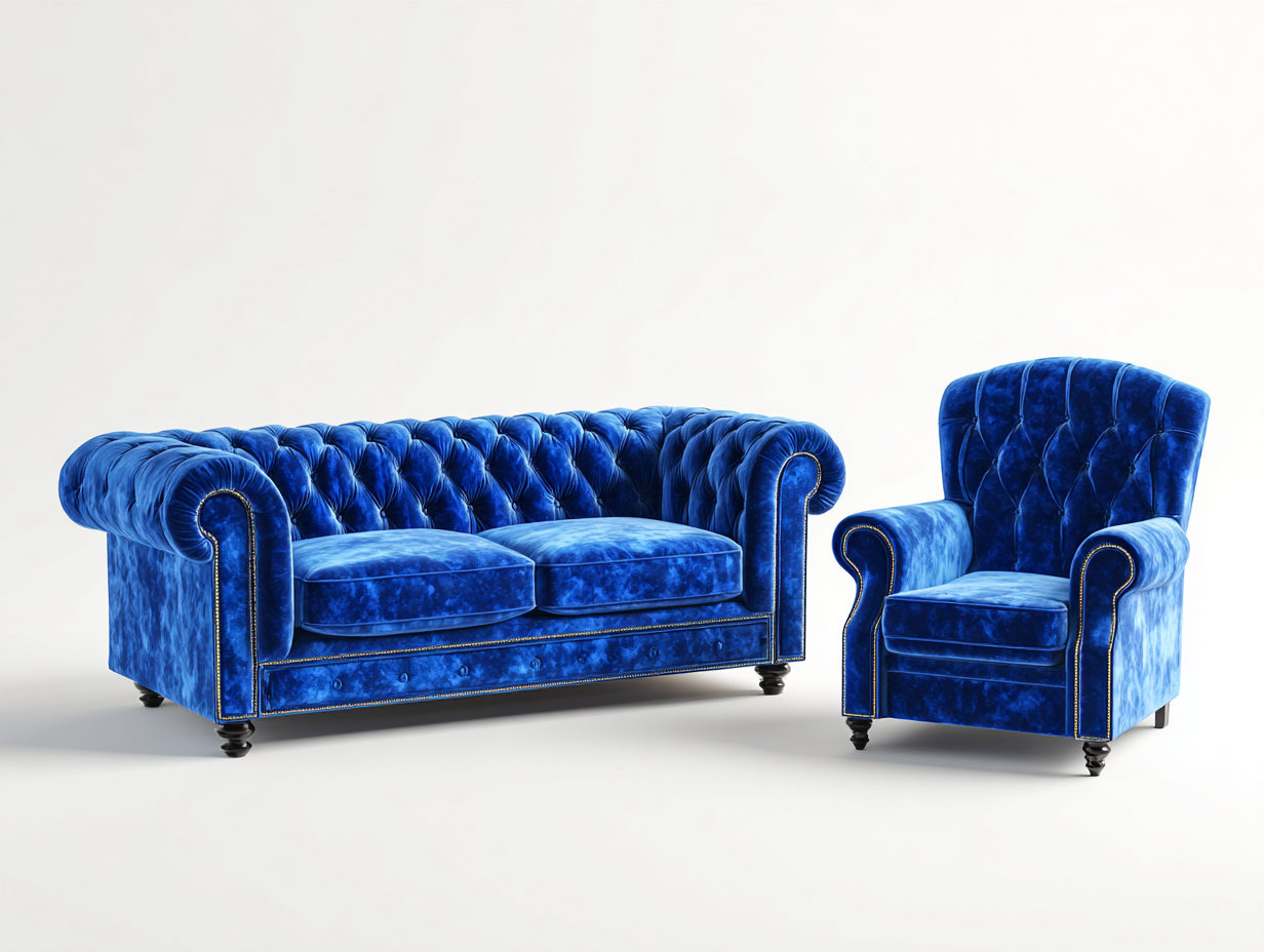Ensemble de canapés-velours-190x95x82 cm-Bleu-Style chesterfield-Cottaio