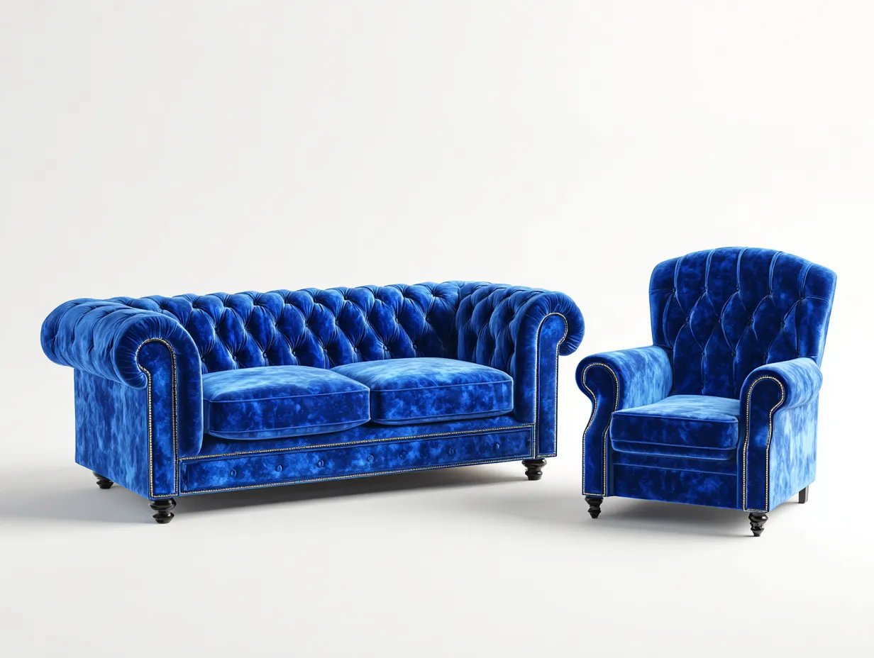 Ensemble de canapés-velours-190x95x82 cm-Bleu-Style chesterfield-Cottaio