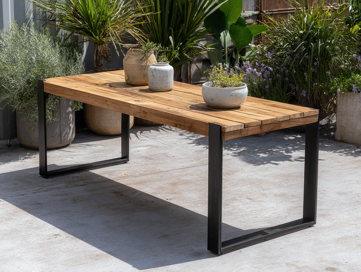 Table de jardin rectangulaire - bois-métal - 180x90x75 cm - marron naturel-noir - style industriel-Roomupden